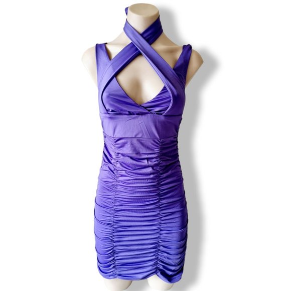 Purple, low plunge multi-way halter short dress with gathering fits AU 6 8 10 12 - Picture 7 of 9